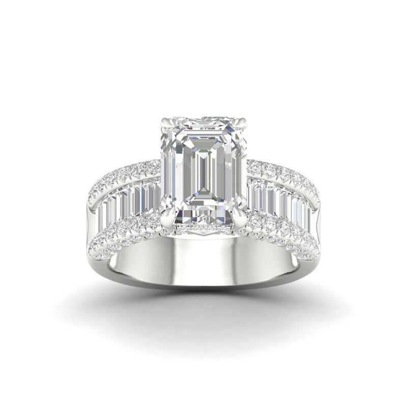 Emerald-Cut Lab Grown 4.50ctw. Diamond With Baguette & Brilliant-Cut Multi-Row Engagement Ring in 14k White Gold image number null